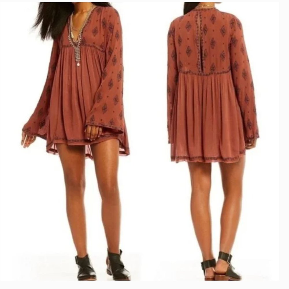 Free People Diamond Cinnamon Embroidered Flowy Boho Tunic Top S